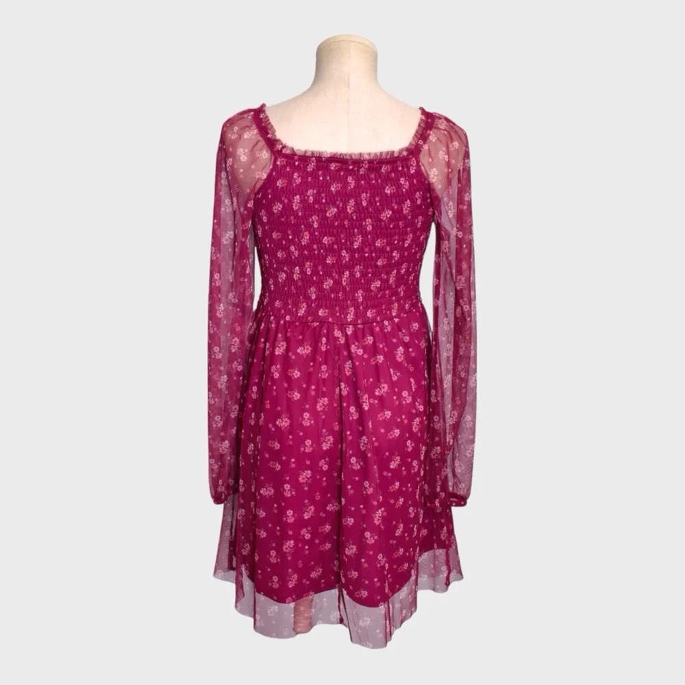 Art Class Smocked Floral Mesh‎ Dress Sheer Long Sleeve Square Neck